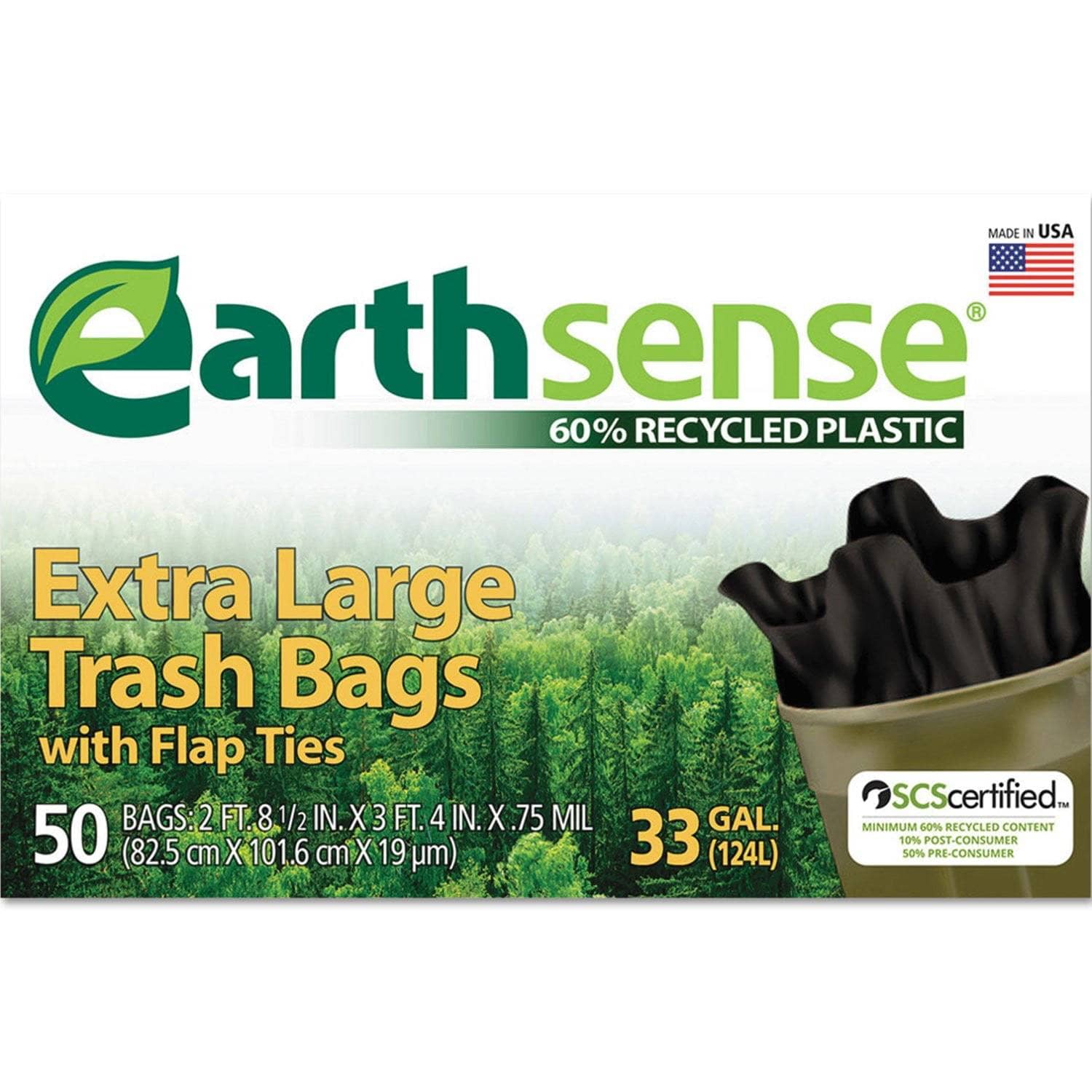 Earthsense Large Trash Bags, 33 Gal, 0.75 Mil, 32.5 X 40, Black, 50/Box - WBIGES6FTL50