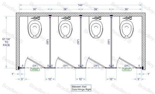 Bradley Phenolic Toilet Partition for Between Wall Installation - Four Compartments, 108 Inches Wide and 61-1/4 Inches Deep (Model BW33660-PBC)