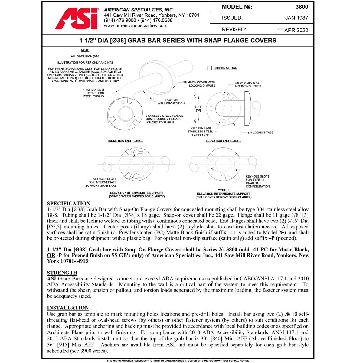30-Inch Stainless Steel Commercial Grab Bar, 1.5 Diameter, ASI 3801-30