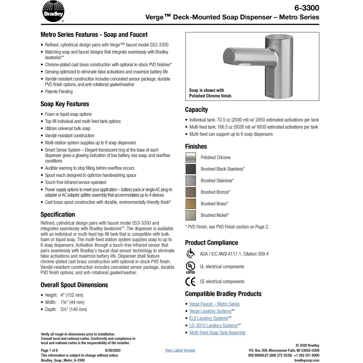 Metro Series Brushed Black Stainless Bradley Touchless Counter Mounted Sensor Liquid Soap Dispenser (Model 6 - 3300 RLM - BB)