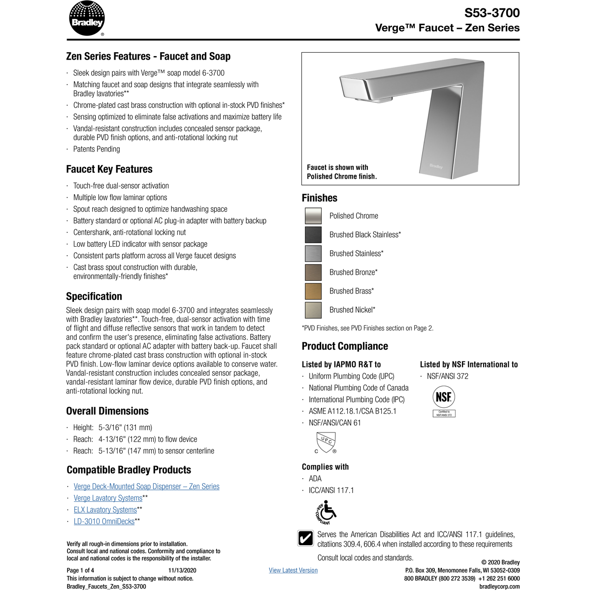 Bradley Zen Series RL5-BR Touchless Sensor Faucet, 0.5 GPM, Brushed Brass Finish