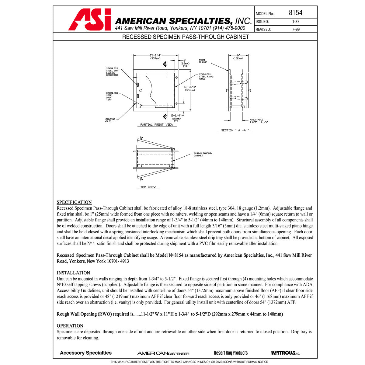 ASI 8154 Commercial Stainless Steel Specimen Cabinet, 13-1/4W x 12-3/4H x 6D, Recessed-Mounted with Satin Finish