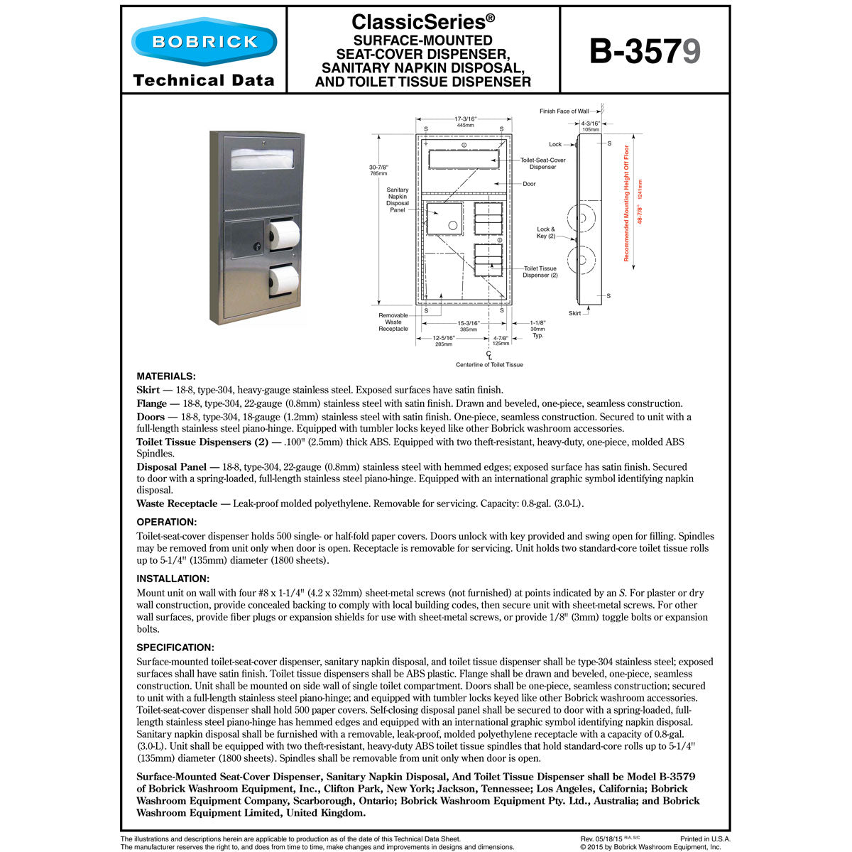 Bobrick B-3579 Surface-Mounted Stainless Steel Commercial Combo Seat-Cover, Toilet Paper Dispenser & Waste Receptacle