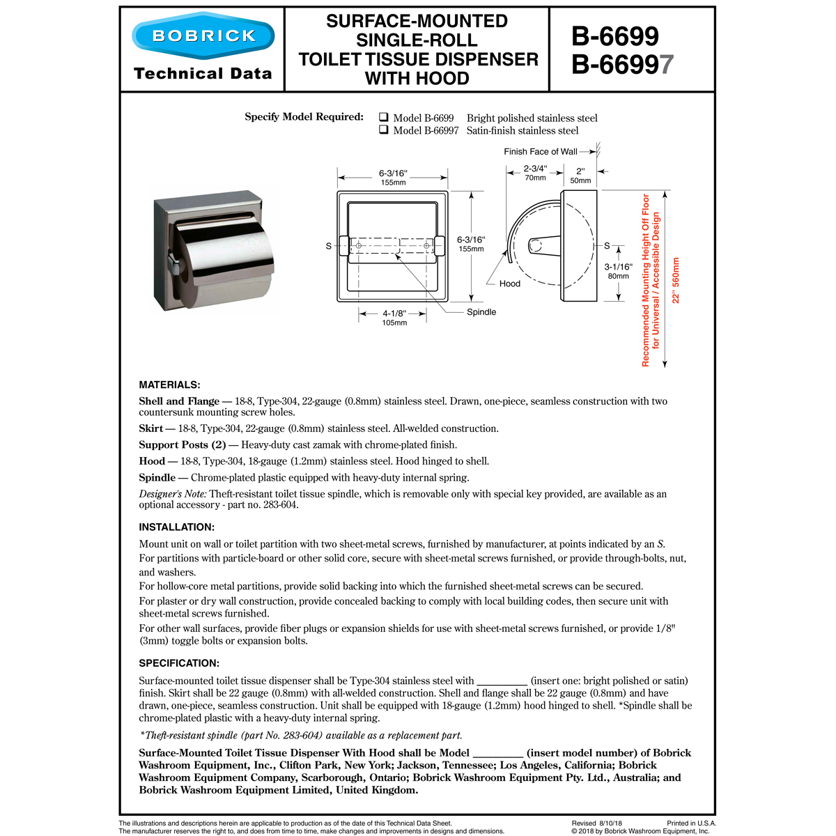 Bobrick B - 6699 High - Quality Commercial Surface - Mounted Toilet Paper Dispenser with Chrome - Finished Zamak and Protective Hood