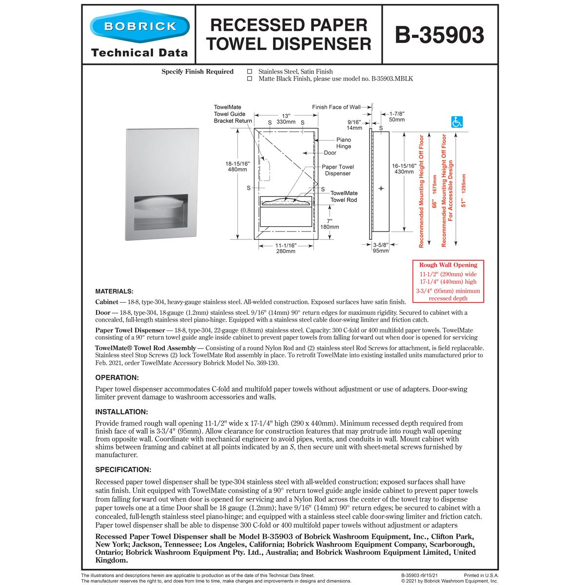Bobrick B-35903 Recessed-Mounted Commercial Stainless Steel Paper Towel Dispenser