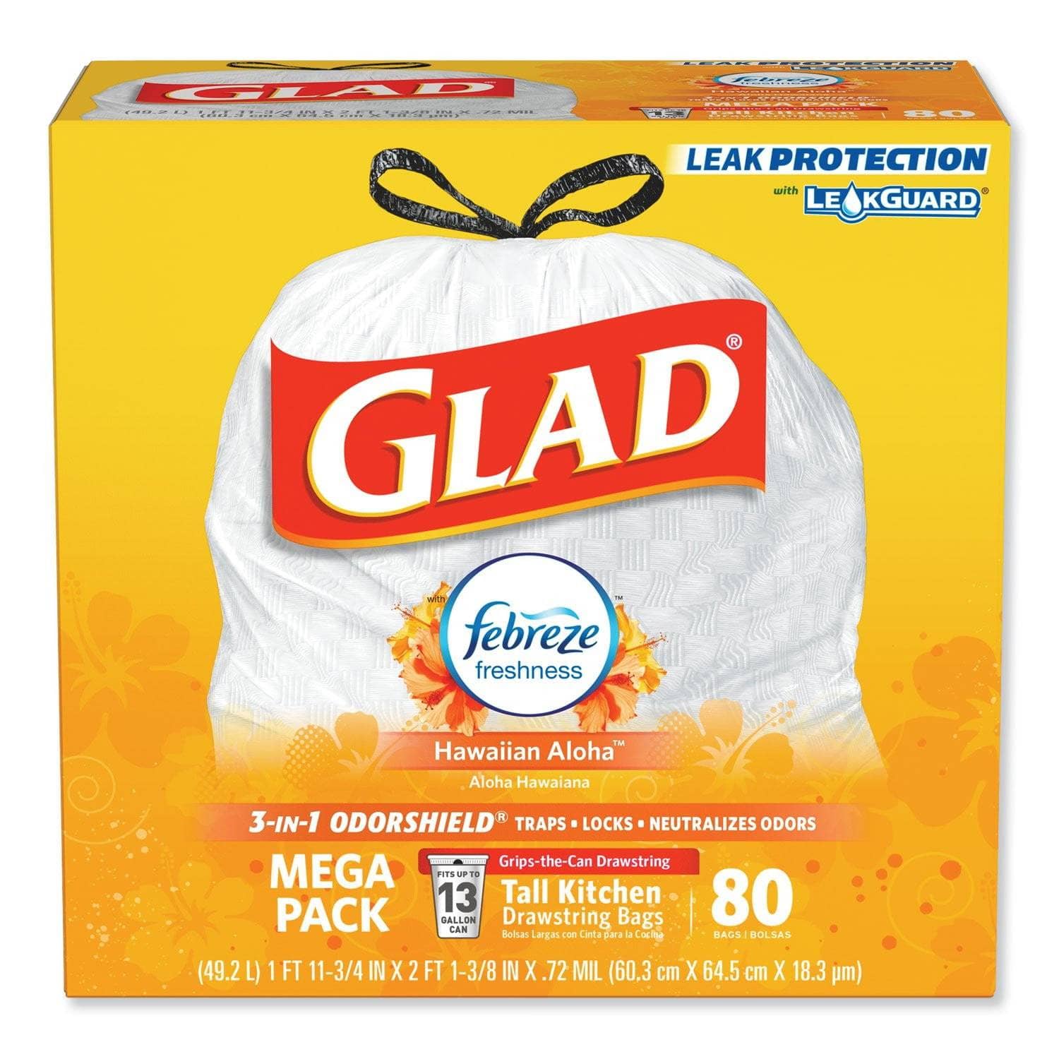 Glad Odorshield Tall Kitchen Drawstring Bags, 13 Gal, 0.95 Mil, 24 X 27.38, White, 80/Box - CLO78901BX