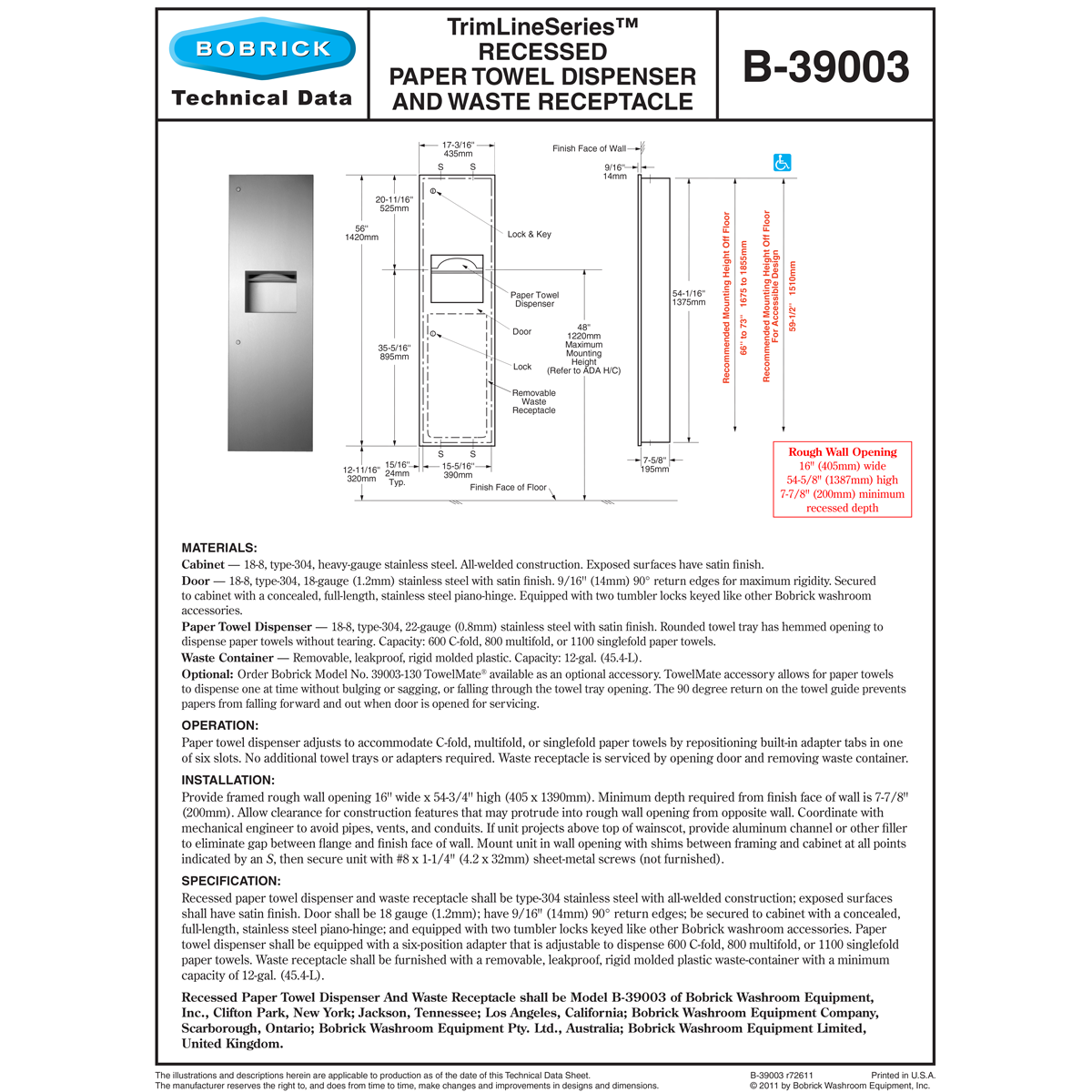 Bobrick B-39003 High - Quality Combination Commercial Paper Towel Dispenser and Waste Receptacle with Recessed - Mounted Design in Stainless Steel