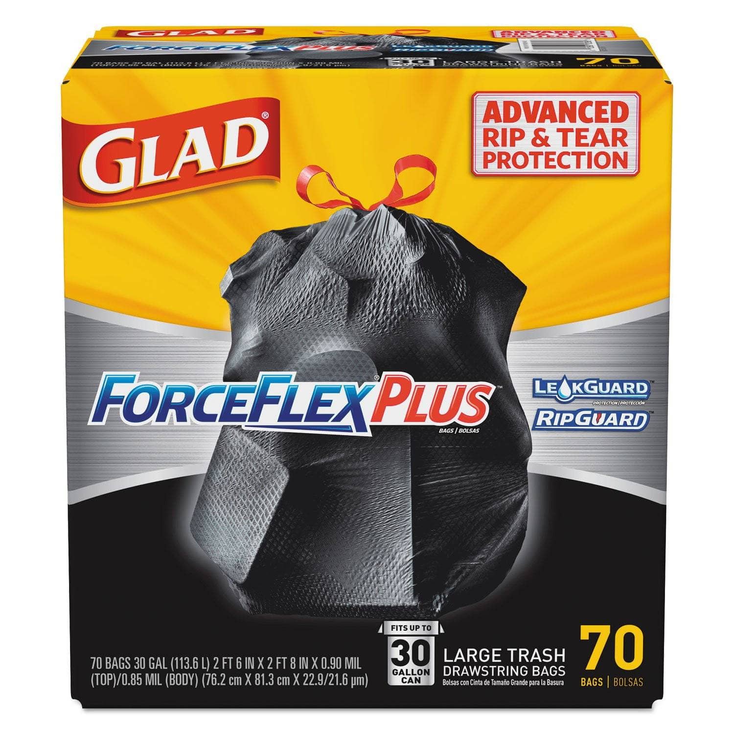Glad Forceflexplus Drawstring Large Trash Bags, 30 Gal, 1.05 Mil, 30 X 32, Black, 70/Box - CLO70358