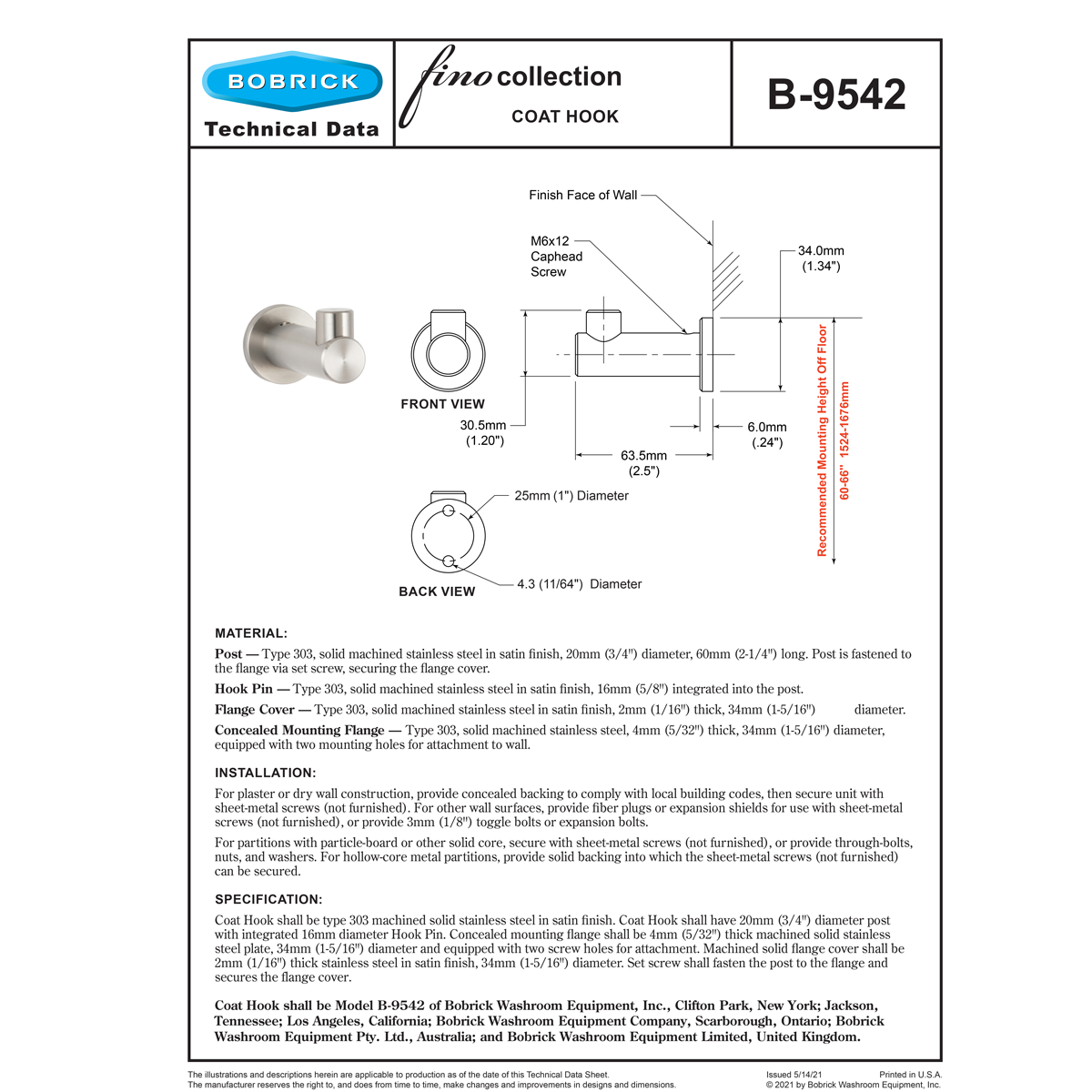 Bobrick Fino Collection B - 9542 High - Quality Machined Stainless Steel Coat Hook