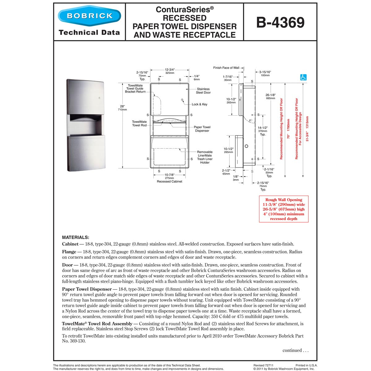 Bobrick B - 4369 Commercial Combination Stainless Steel Recessed - Mounted Paper Towel Dispenser and Waste Receptacle